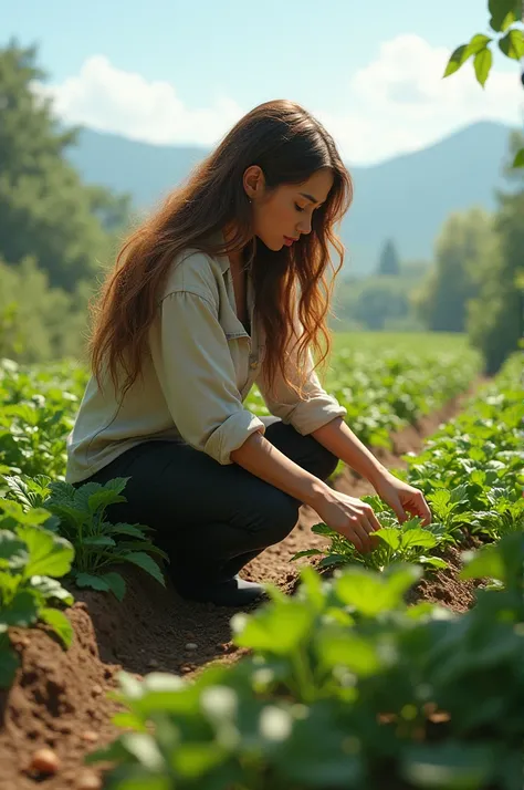 ai image of a long-haired woman working ai image of a long-haired woman working in a vegetable plot