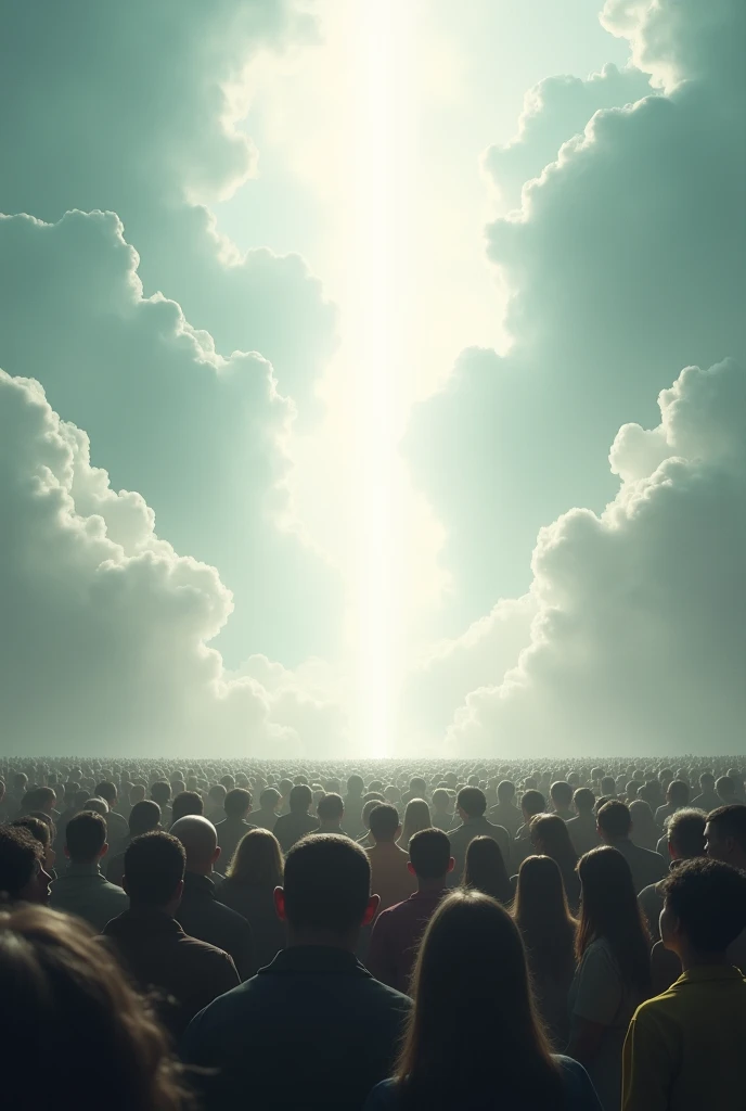 Crores of people stand in front of white light and clouds 
