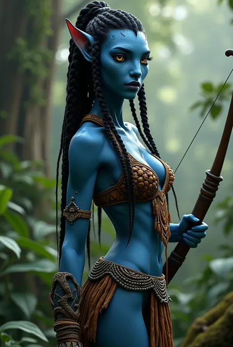 Pandora Avatar, long black braided hair, Forest Na’vi, gold eyes, blue skin, loincloth, weaved top, pointy ears, long eyelashes, plump lips, slender and curvy, bow and arrow, teenager 