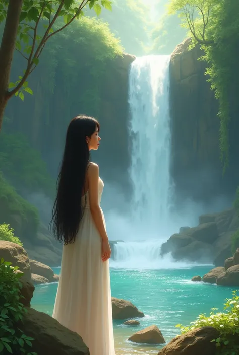 A woman with long hair, straight hair, petite, at the waterfall.