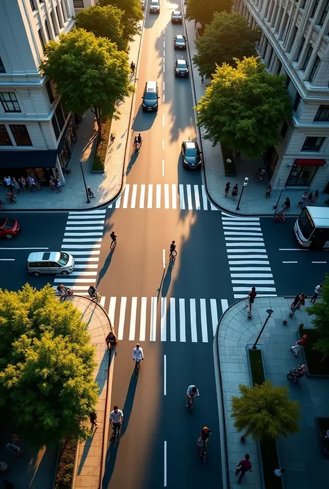 Photo of a three-way intersection with a zebra crossing viewed from above.