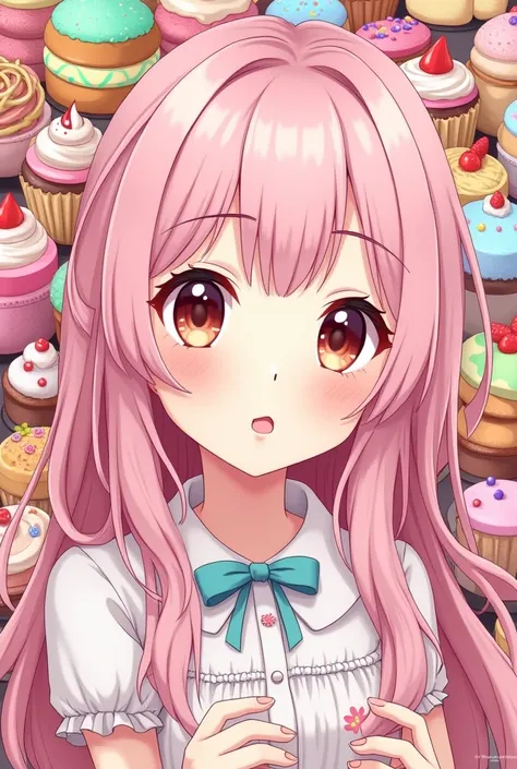 Create Anime of a Cute Girl, manga style, pastel pink colored hair, detailedeyes, face detailed, 2d, surrounded by colorful and cute sweets, long hair, half body portrait, 