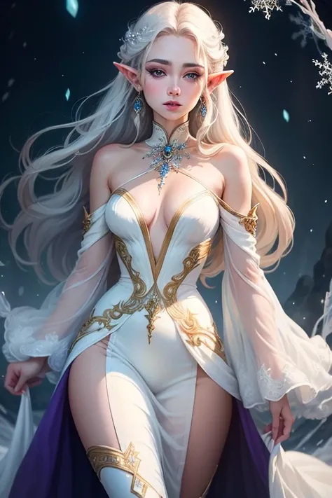 "An elven woman with fair skin, long curly  Braun hair featuring a small white streak. She wears an elegant white outfit with violet accents, resembling a witchs attire but with a more ethereal, almost dress-like quality. Surrounding her are delicate snowf...