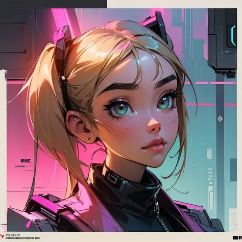 ((best qualityer)), ((Masterpiece artwork)), (highy detailed:1.3) cyberpunk, bring me the horizon POST HUMAN NEX GEN album artwork,hair blonde pink highlights, pigtails hair, (madison beer face), portrait, album cover, looking straight into camera