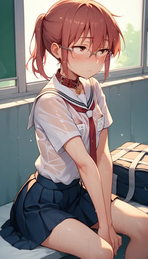 kobayashi, small breasts, blushing, uniform, school uniform, skirt, wet white shirt, collar shirt,