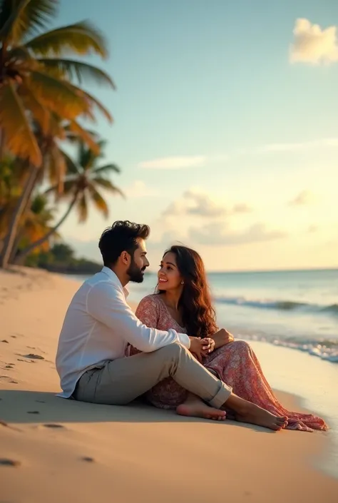 Make a couple picture and write name boy name is Rizwan and girl name is Mahnoor sitting in the beach