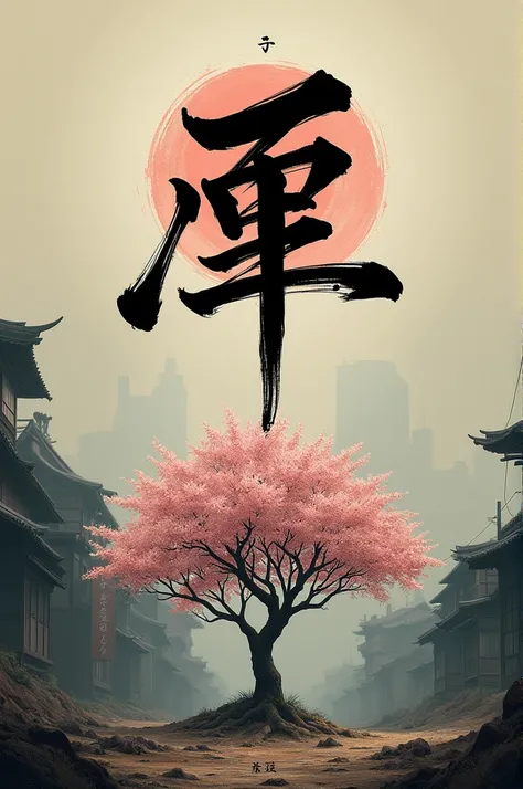 just make a sekiro inspired album cover with the fukkatsu kanji horizontally, with a highlight on a post-war land in the background and a cherry tree closer to the perspective 