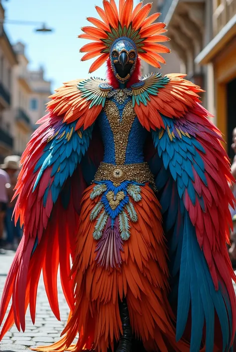 Extravagant fantasy costume for carnival inspired by a colorful bird 
