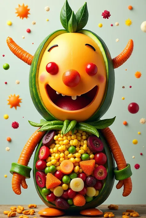 Create your own avatar with items of food, in which you will describe how was it made.

You will be graded on:

- Vocabulary of items of food: Describe different items of food, use at least 4 different categories of food like veggies, fruits, drinks and/ o...