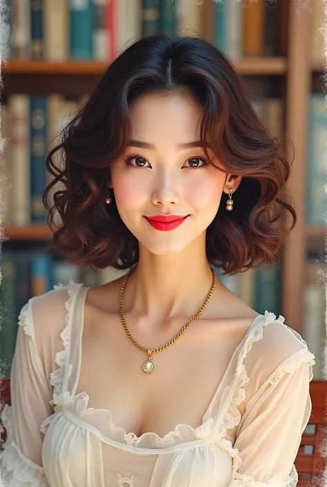 A beautiful 40-year-old Japanese woman with mature features, bright brown long curly hair, smiling with very dark eyes and striking makeup. She wears bright red lipstick, a necklace, and is sitting in a library. Her face is fully visible, facing forward wi...