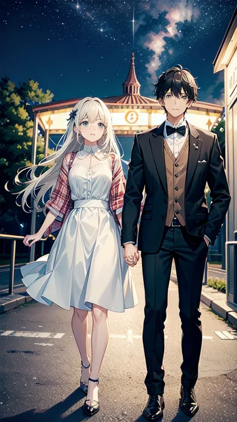 、Male and female couple、Holding hands、Date at the amusement park、The man is expressionless、Woman smiles、The girl is wearing a high-cut blazer、Skirt 10 cm above the knee、The man is wearing plain black clothing.、The color of the shoes is black、whole body、Del...