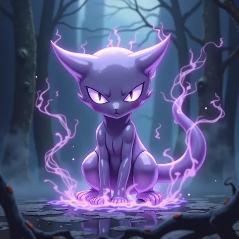 Exact copy of the pokemon mewtwo but ghost type, Violet color with smoke at the edge of its body,  anime style.