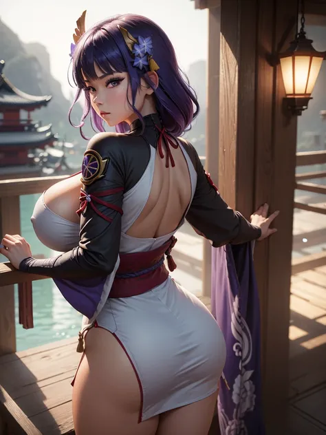 Raiden Shogun, huge round ass, big breasts, short dress, view from behind, suggestive pose 