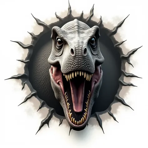 Highest quality, masterpiecce, RAW photos, Flim Grain, Ultra-realism, Realistic-oriented, detailed a head of Tyrannosaurus Rex, Breaking out from the white background, there are some cracks around the head,  logo design for "T-Rex," created to match the fi...