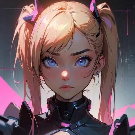 ((best qualityer)), ((Masterpiece artwork)), (highy detailed:1.3) cyberpunk, bring me the horizon POST HUMAN NEX GEN album artwork,hair blonde with pink highlights, pigtails hair, (madison beer face), portrait, album cover, looking straight into camera, sh...