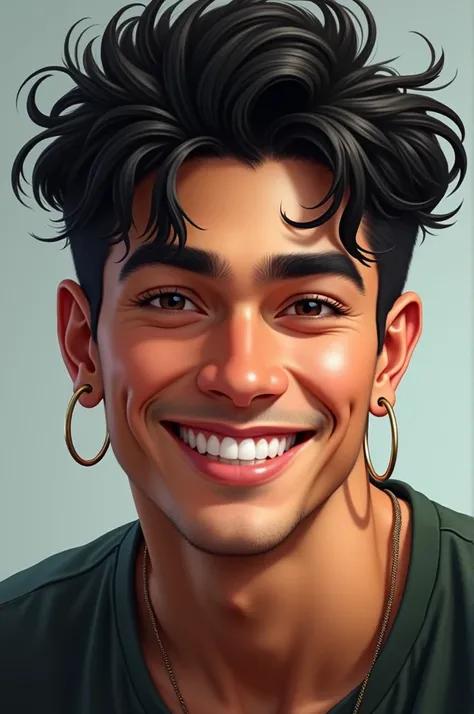 Young black haired man with earrings smiling