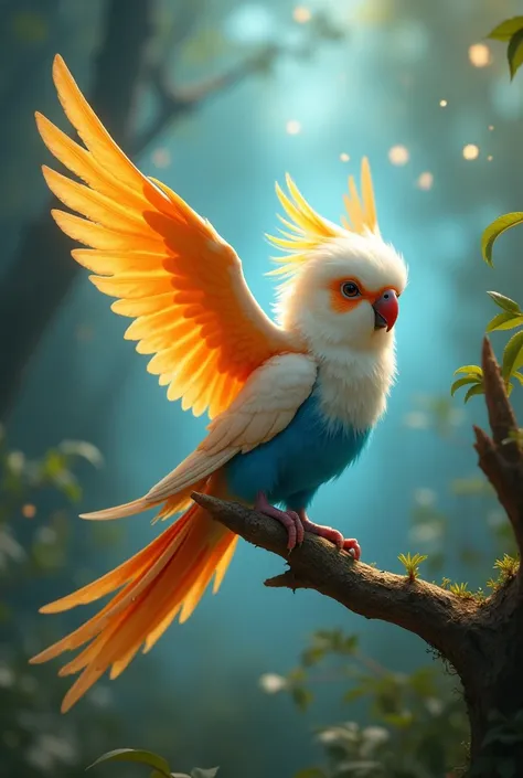 masters of the Universe sorceress as a pet parakeet.

White head feathers. White body feathers. Orange wings. Orange tail feathers. Blue legs. Blue talons.