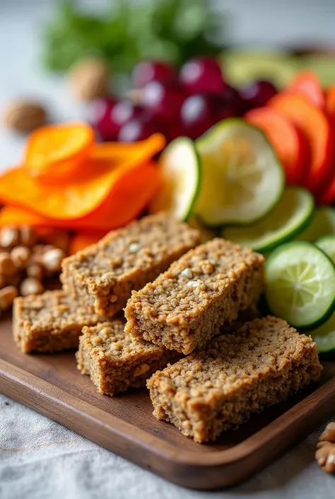 A close-up of a selection of healthy snacks on a tray. You can include vegetable chips, walnuts, and homemade protein bars. The background can be a light wood table or a neutral tablecloth so that the snacks stand out..

