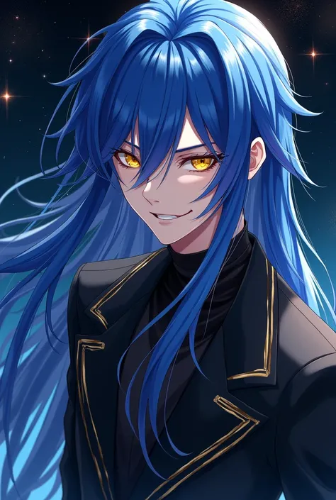 A portrait of an anime character with long, flowing blue hair and yellow eyes, wearing a black jacket with a gold trim, against a dark, starry background. The character has a sly smile on their face and a mischievous glint in their eyes. The image is rende...