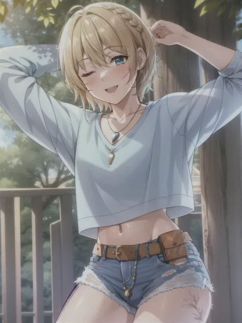 wattson (apex legends), masterpiece, best quality, 1girl, solo, one eye closed, shorts, belt, blue eyes, open mouth, blonde hair...