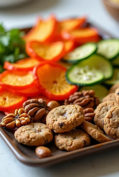 A close-up of a selection of healthy snacks on a tray. You can include vegetable chips, walnuts, and homemade protein cookies. The background can be a light wood table or a neutral tablecloth so that the snacks stand out..

