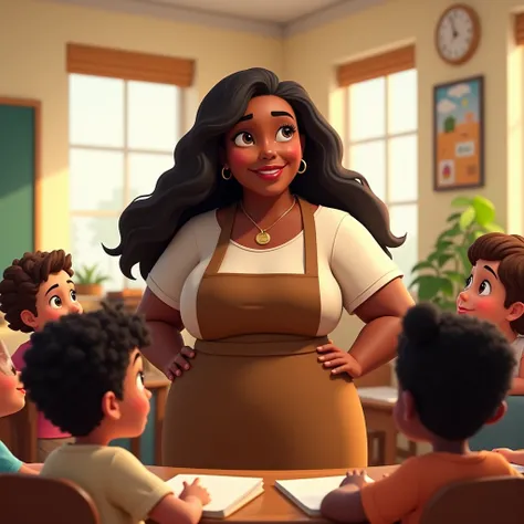 Pixar black brunette teacher, robusta, longye hair , black female, class room, children , brown apron, wide hip
