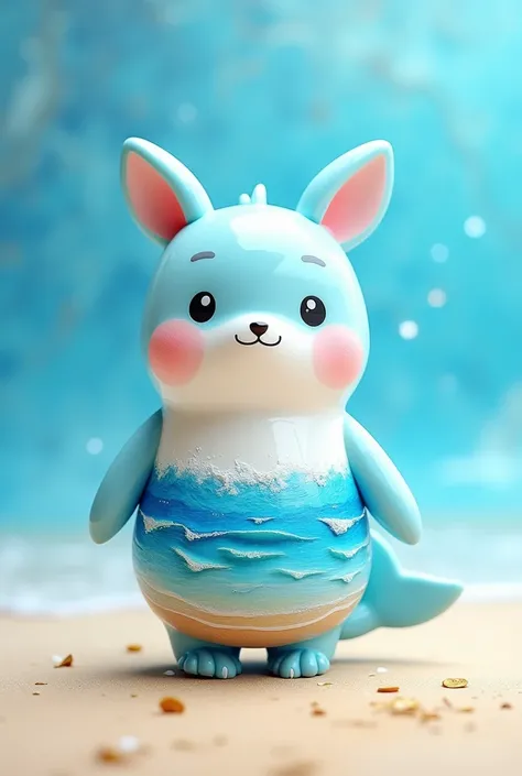 chibi mascot character icon, seaart, metallic blue and white marble gradation, body is a painting of the sea and sandy beach, super deformed, kawaii