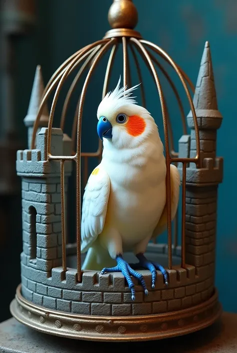 masters of the Universe sorceress as a pet parakeet.

White head feathers. White body feathers. Orange wings. Orange tail feathers. Blue legs. Blue talons.

Inside a birdcage that looks like Castle Grayskull.