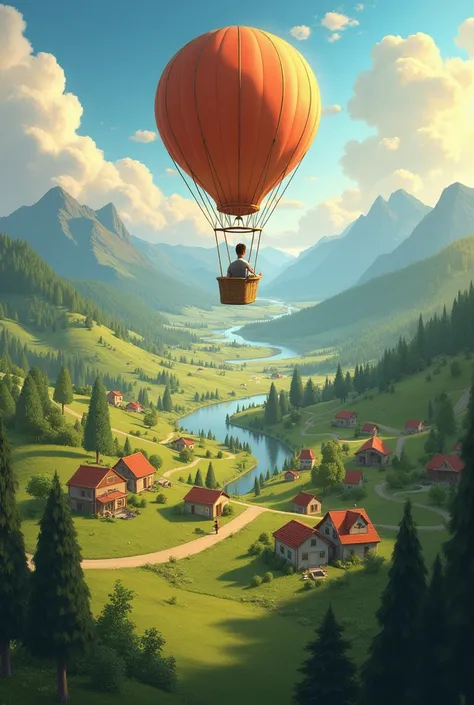 The view from above as Oliver’s balloon floats over the village of Sunnybrook. Show a panoramic view of the village, including mountains, rivers, and forests in the distance. Oliver is in a small basket, looking down in awe."