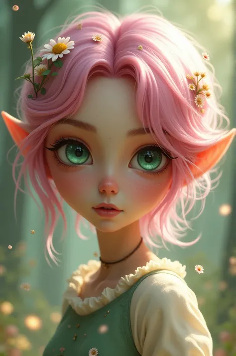 Create a elf girl, with short pink hair