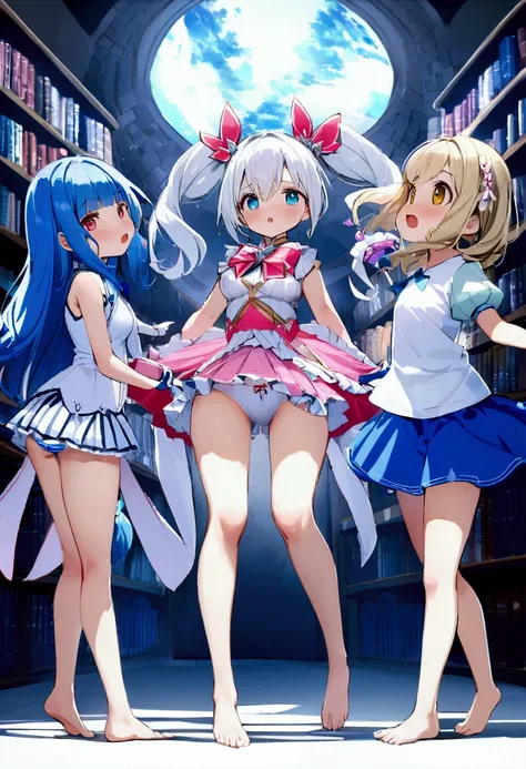 Plain white with emphasis on the chestＴshirt、Ultramarine and white striped mini skirt、When you lift up her skirt you can see her cute white frilly underwear.、barefoot、library、Three girls of different heights、Magical girl with a magic wand