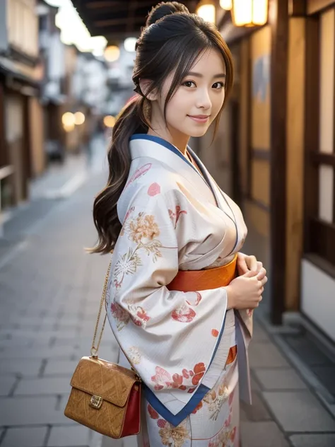 Cowboy Shot, View your viewers, (Early autumn date), (8k, RAW Photos, Highest quality, masterpiece:1.2), (Realistic, Photorealistic:1.4), ((Autumn kimono with Japanese style patterns)), (Carrying a Japanese-style handbag), Teenage Japanese Woman, (One Woma...