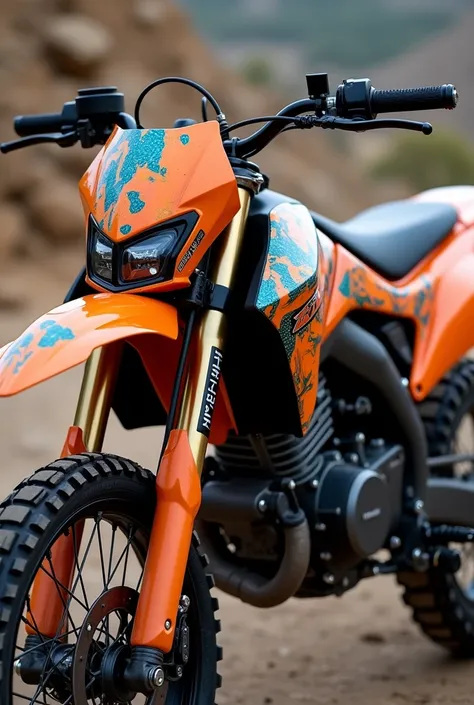 Yamaha xtz125 color Orange, with digital camo blue and green  design paint on the gas tank.