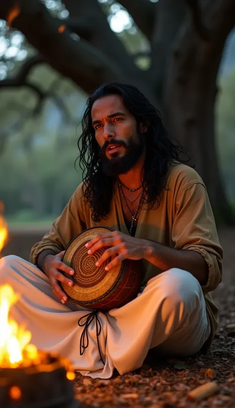 Man long black wavy messy hair, short beard, full body from head to toe, slim figure, looking at the fire, white chiffon pants, loose brown shirt playing Andean Tinya ceremonial drum and singing illuminated by a campfire under a large old oak tree, artwork...