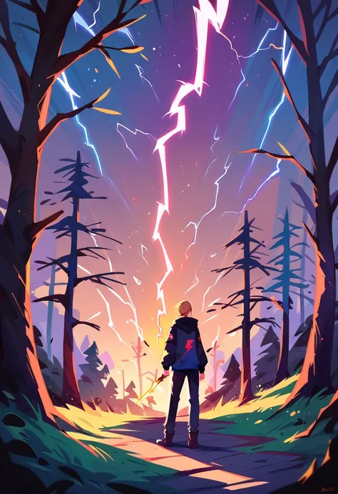 Lightning strikes in the forest,dark night ,strong lightning