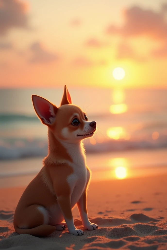 A Chihuahua relaxing while watching the ocean illuminated by the setting sun