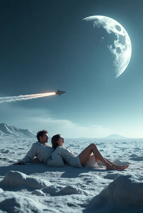 Land of moon where man and a women are relax and chilling and spacecraft jet