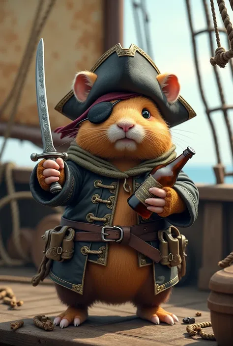 Bipedal pirate guinea pig on an old boat with an eye patch, a sword in his right hand and a bottle in his left hand 

