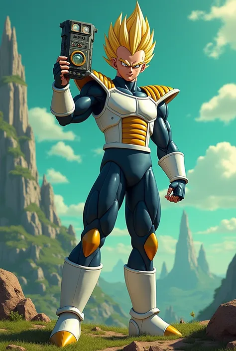 Vegeta with the Saiyan armor that he used on Earth and uses a tracker on planet Namekusei 