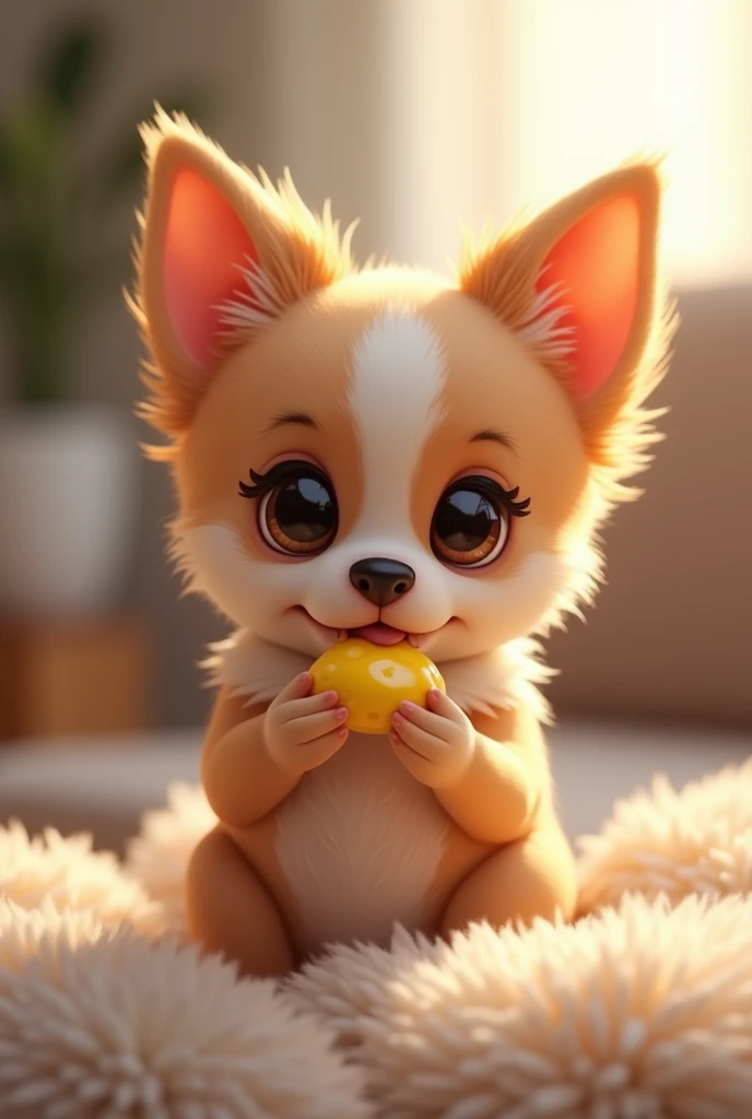 A cute, round-eyed Chihuahua eating a snack