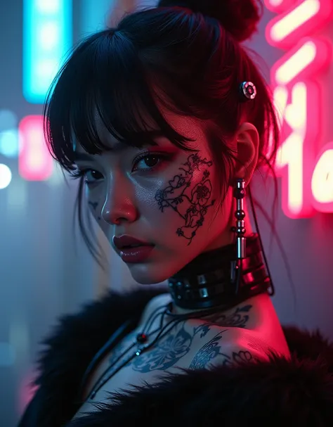 Girl、big tattoo、fog、cyberpunk、black fur、monochrome、Kimono yakuza、hyperrealistic, neon, made up, cyborg body, close up, ultra neon light, japan cyberpunk, portrait, very close, method, neon glow