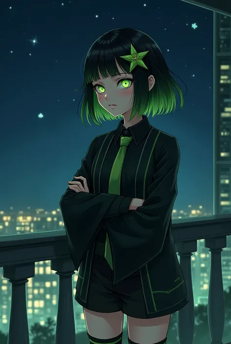  image of a girl with short green and black hair with dark skin features on her face with strange irregular eyes but a bright green tone with a star flash with a star-shaped brooch in her hair and a black outfit with long sleeves similar to a kimono that c...