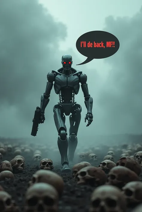 in a world destroyed with skull on the floor , mist around , lights, clouds there is a ternimator,a man robot with human form with metalic skull and some skin around and red eyes with a gun.. he is walking on the skulls and says the words .
(a speechbubble...