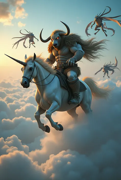 Half bull half bear riding a unicorns through the sky why battling alien monsters. 