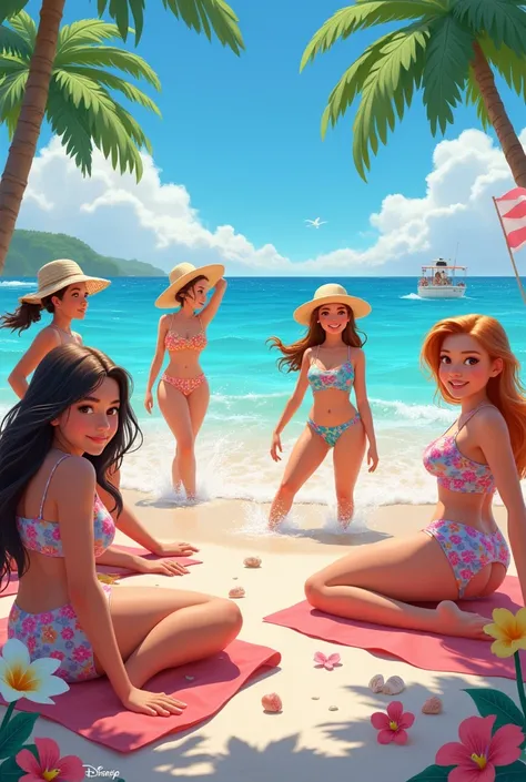 Disney girls in floral swimsuits 