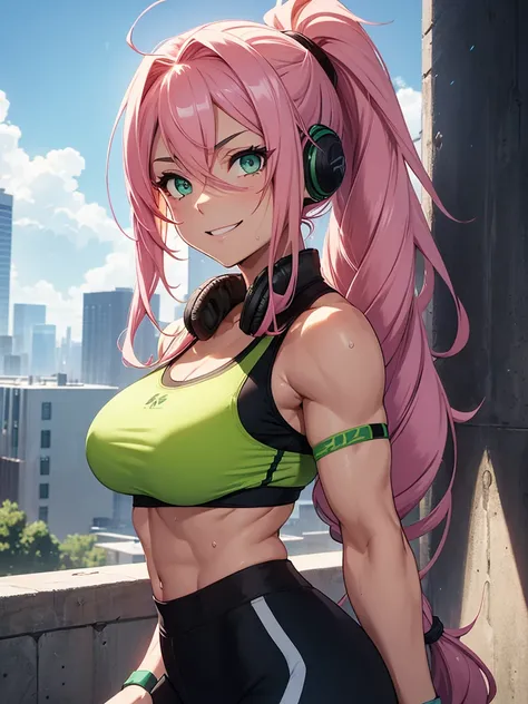 An anime-style muscular girl with long pink hair tied in a braid, wearing a black and green sports bra and matching leggings. She has bright green eyes and a confident, smiling expression as she wipes sweat from her forehead after a workout. Her athletic p...