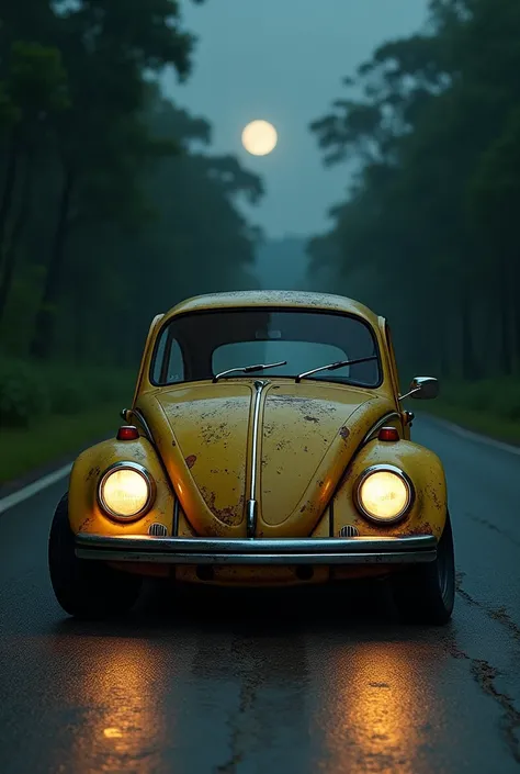 Photorealism 1.3 realism high quality epic realism realistic  old rusty broken  yellow Volkswagen beetle on the road at the middle of night moon on back  night mode light from the car dark surroundings lowlights Malaysia road