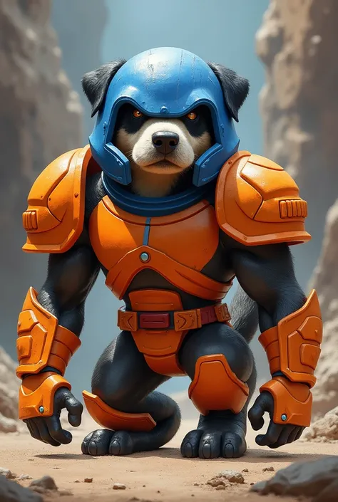 masters of the Universe Man at Arms as a pet dog.

Orange amor. Blue helmet. Giant orange left shoulder pad.

