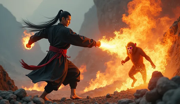 A hmong strong man wearing hmong black shirt, trouser, barefoot and red cotton belt, ponytail ,black hair, purple eyes, using Kung Fu magic flash light fire flames burnt demon monkey in the middle of mountain, the dust and land splitted out, stone floating...