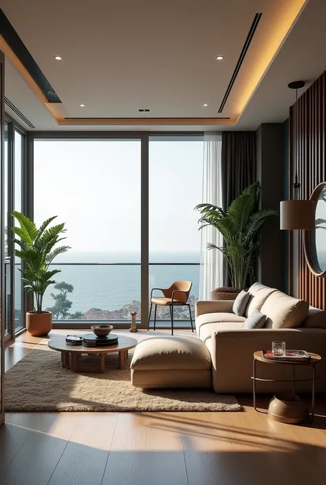 Modern sea-facing apartment in Mumbai, 4k, elegant, lavish, aesthetic and functional, interiors, not very close to the sea, some plants